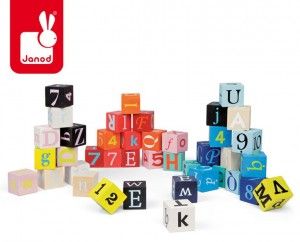 Klocki drewniane Kubix litery i cyferki 40 sztuk, Janod